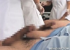 Sweet oriental nurses performing handjob in group for cum sample