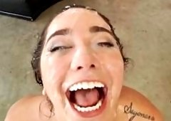 Busty Brunette Karlee Grey Swallows Bukkake Cum After Hard Deepthroat