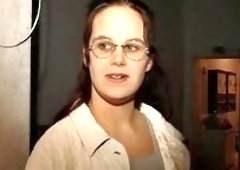 Glasses Cute Brunette Slurps Big Cock on Toilet