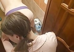 Anastasia Mistress fucks Sasha Earth slave with a black long dildo in the ass in the toilet