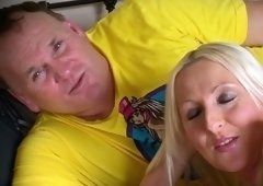 Slim blonde wife with her heavy set husband