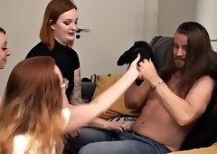 Ravenous CFNM office threesome masturbating with a boy